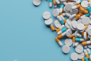 Heap of capsule pills with medicine antibiotic - obrazy, fototapety, plakaty