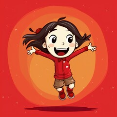 Fototapeta na wymiar Cartoon little girl Jumping over a red background. Creative AI