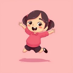 Cartoon Little Girl Jumping over a pink Background. Creative AI