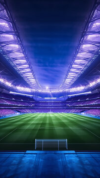 Soccer stadium grass field illuminated by spotlights and empty green soccer grass playground, arena or stadium digital background advertisement background . Generative AI