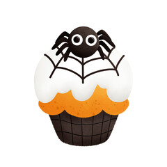 Halloween pumpkin cupcake decorated with chocolate spider cartoon