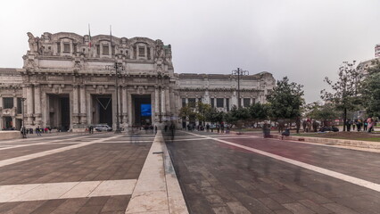Naklejka premium Panorama showing Milano Centrale timelapse - the main central railway station of the city of Milan in Italy.