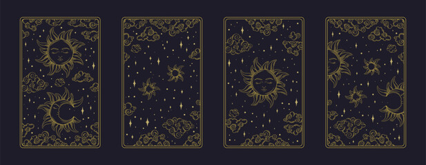 Tarot aesthetic golden cards. Spiritual tarot designs for reverse side of cards. Vector illustration isolated in dark background