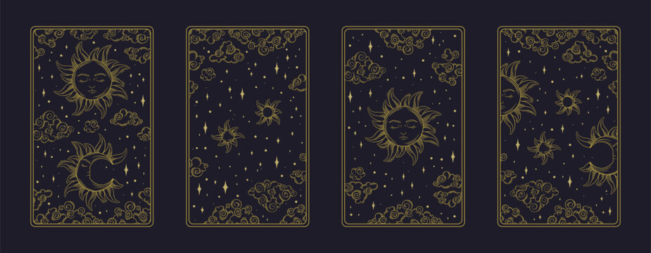 Tarot aesthetic golden cards. Spiritual tarot designs for reverse side of cards. Vector illustration isolated in dark background