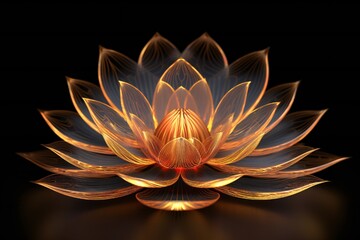 Naklejka na ściany i meble Highly detailed 3d lotus flower, thing glowing lines, ray traced reflections on black background Generative AI