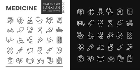Medicine pixel perfect linear icons set for dark, light mode. Medical service. Hospital procedures. Thin line symbols for night, day theme. Isolated illustrations. Editable stroke. Poppins font used - obrazy, fototapety, plakaty