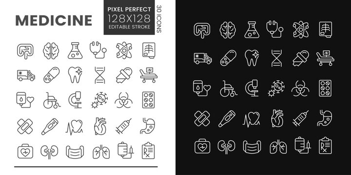 Medicine pixel perfect linear icons set for dark, light mode. Medical service. Hospital procedures. Thin line symbols for night, day theme. Isolated illustrations. Editable stroke. Poppins font used