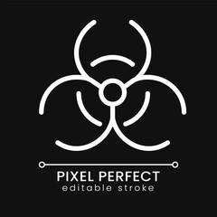 Biohazard pixel perfect white linear icon for dark theme. Warning sign. Biological threat. Medical waste. Thin line illustration. Isolated symbol for night mode. Editable stroke. Poppins font used