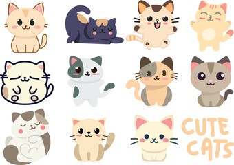 set of funny cute kawaii cartoon cats