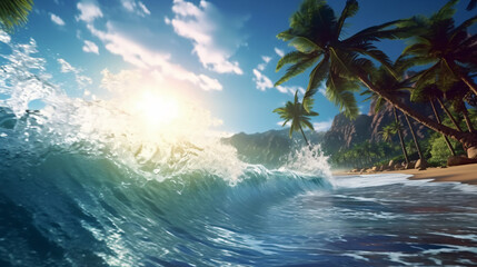 Fototapeta na wymiar summer wallpaper beach scene, waves surf with amazing blue ocean sea island palm tree, ocean wallpaper 