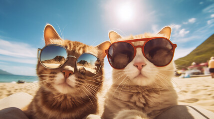 Two Cats Wearing Sunglasses on the Beach, Generative AI