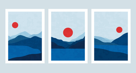 Abstract mountain landscape posters. Contemporary nature moon sun print design, boho modern wall decor. Minimalist vector set