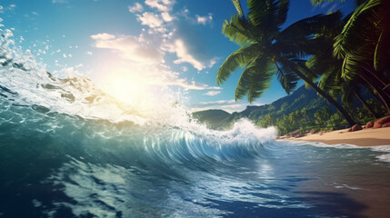 Fototapeta na wymiar summer wallpaper beach scene, waves surf with amazing blue ocean sea island palm tree, ocean wallpaper 
