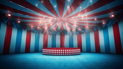 A circus background with colors white, blue and red with space to promote products and events. Generative ai.