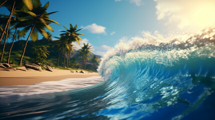 Obraz premium summer wallpaper beach scene, waves surf with amazing blue ocean sea island palm tree, ocean wallpaper 