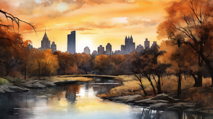 Watercolour painting of central park, golden hour, city skyline. New York, EEUU. USA. america. illustration created with ai - obrazy, fototapety, plakaty