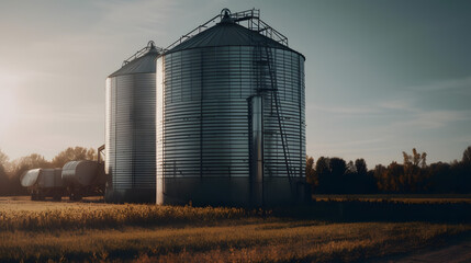 Shiny large metal grain bin in the rye field. Generative AI