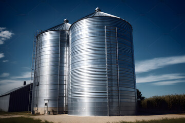 Obraz premium Majestic Metal Grain Bin in the Rye Field. Generative AI