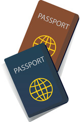 The passport is blue and brown in color. With a golden globe and white inscription "passport". With gray shadows behind. Vector illustration.