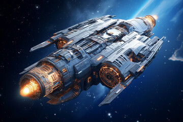 Super technological spacecraft, interstellar spaceship, vehicle in outer space. Galaxy. Futuristic fiction concept. 