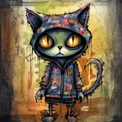 Cute emo monster cat animal illustration, charcoal hand draw, generative ai poster wall art