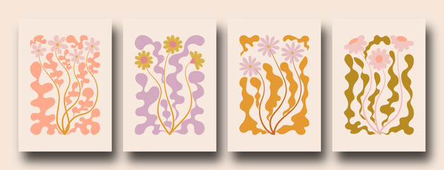 Fototapeta na wymiar Contemporary organic naive flowers posters. Abstract collage set Matisse inspired with scribbles curves. geometric minimalist algae silhouette composition in a retro hippie 60s 70s style.
