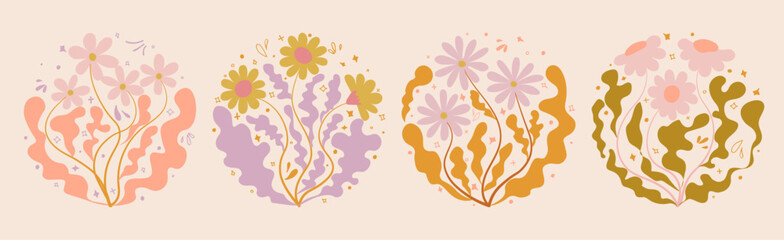 Contemporary organic naive flowers posters. Abstract collage set Matisse inspired with scribbles curves. geometric minimalist algae silhouette composition in a retro hippie 60s 70s style.