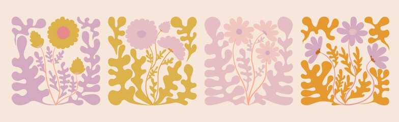 Contemporary organic naive flowers posters. Abstract collage set Matisse inspired with scribbles curves. geometric minimalist algae silhouette composition in a retro hippie 60s 70s style.