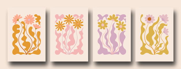 Contemporary organic naive flowers posters. Abstract collage set Matisse inspired with scribbles curves. geometric minimalist algae silhouette composition in a retro hippie 60s 70s style. © Yanzar