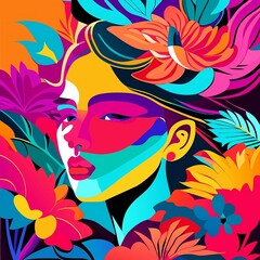 Multicolored face of woman with flovers.Vector art.Generated with AI technology
