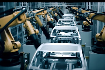 Fototapeta premium Production of high-tech electric vehicles with clean energy. The process of creating a car. Generative AI