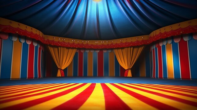A circus background with colors yellow, blue and red with space to promote products or events. Generative ai.