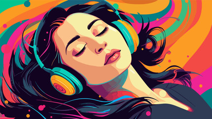 Vector illustration beautiful girl with closed eyes listening to music, illustration wallpaper modern design