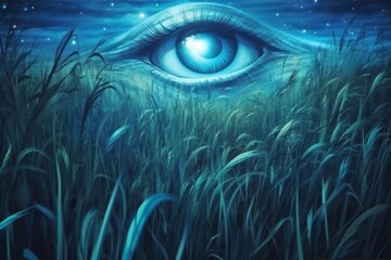 Fototapeta na wymiar Eyes on thin straws are watching you in mystical alien landscape with blue luminescence meadow Generative AI