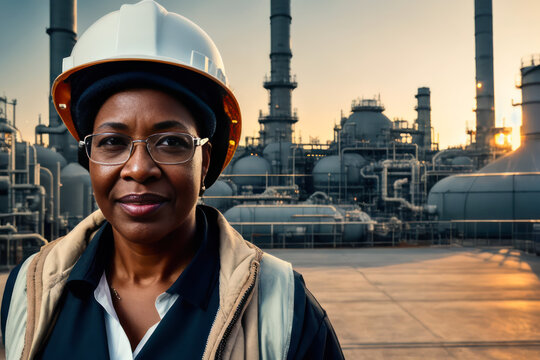 Digital portrait of a senior successful confident professional female Petrochemical engineer standing in a Gas storage. Concept of active age. Generative AI