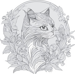 Line drawing cat wrapped in flowers