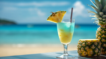 Halved pineapple and sand beach with copy space text Summer creative concept