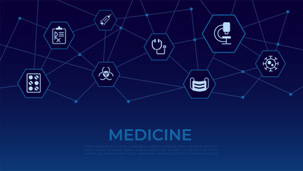 Medicine word concept design template with icons. Treatment, disease. Infographics with text and editable white glyph pictograms. Vector illustration for web banner, presentation. Montserrat font used