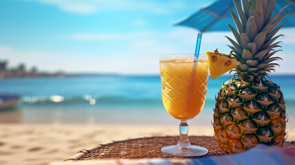 Halved pineapple and sand beach with copy space text Summer creative concept