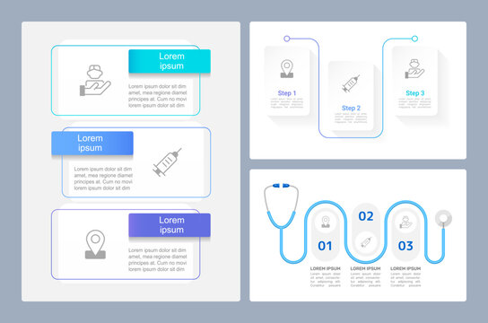 Public health importance infographic chart design templates set. Editable infochart with icons. Instructional graphics with 3 step sequence. Visual data. Acumin Variable Concept, Arial fonts used