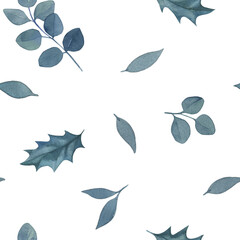 Seamless pattern watercolor hand drawn blue color dusty leaves. Tender, elegant textile fabric, wrapping paper backdrop layout