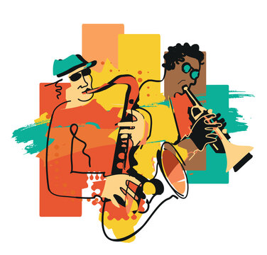 Jazz theme, trumpet player and saxophonist. 
Expressive colorful Illustration of two jazz musicians. Isolated on white background. Vector available.