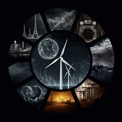 EnergiVerse - A Dynamic Collage of Sustainable Energy Sources on a Dark Vignette Background

