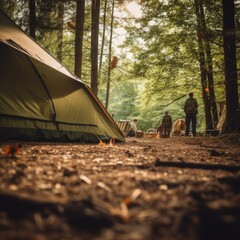 Woodland Camping - Immersive Low-Angle Still Shot of Tents and People in the Background with Depth of Field - obrazy, fototapety, plakaty