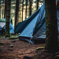 Blue Tent in the Woods - Modern Unzipped Camping with People and Tents in Background - obrazy, fototapety, plakaty