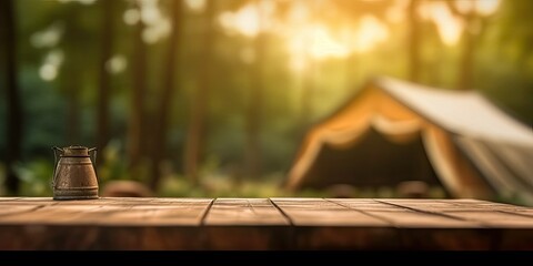 Rustic Camping Table with Tent in Blurred Background