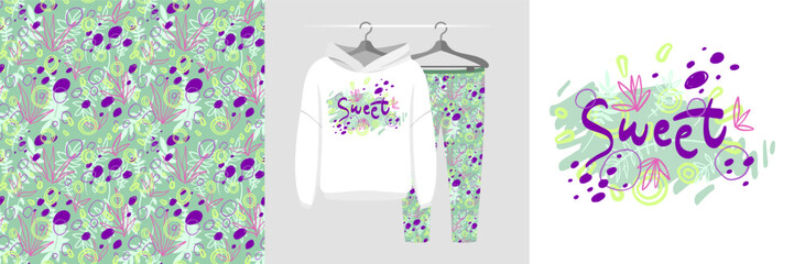Seamless pattern and illustration set with abstract floral hand-drawn doodles, dots, lettering Sweet. Aesthetic creative design hand painted textile fabric texture, tee prints background, wrapping