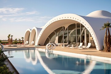 Wave-like Modern White Building Next to Large Swimming Pool