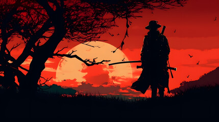 Samurai silhouette at sunset. Generative AI