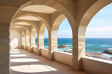 Long White Stone Building with Arched Windows and Central Walkway